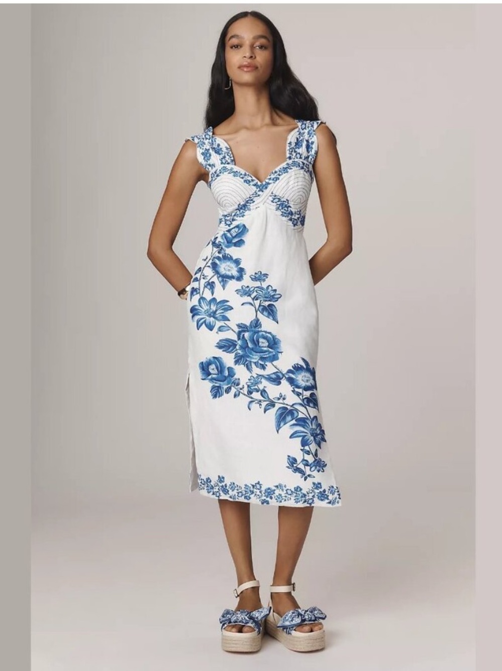 FARM Rio White Midi Dress with Blue Floral Print
